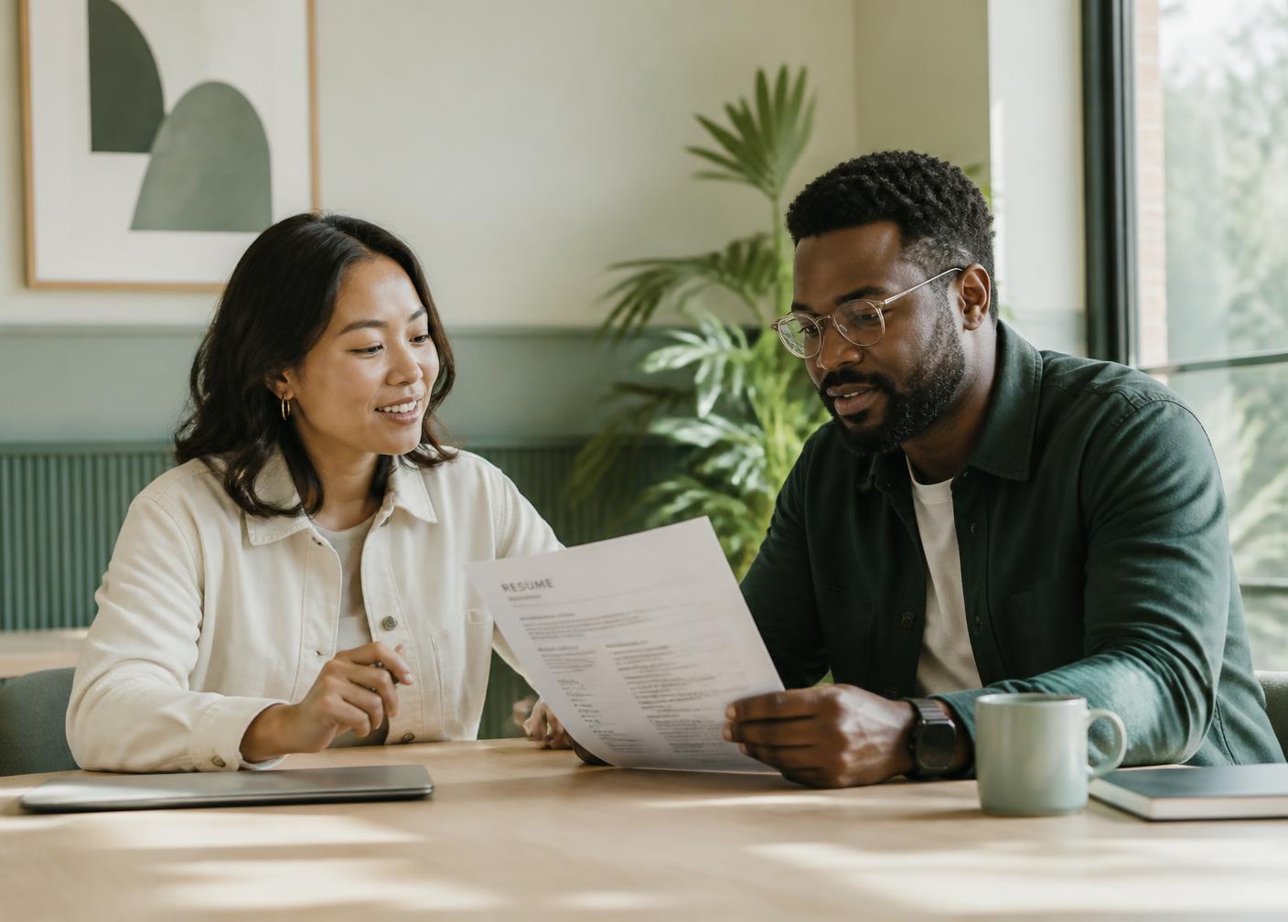A client and career specialist reviewing a printed resume together at a table