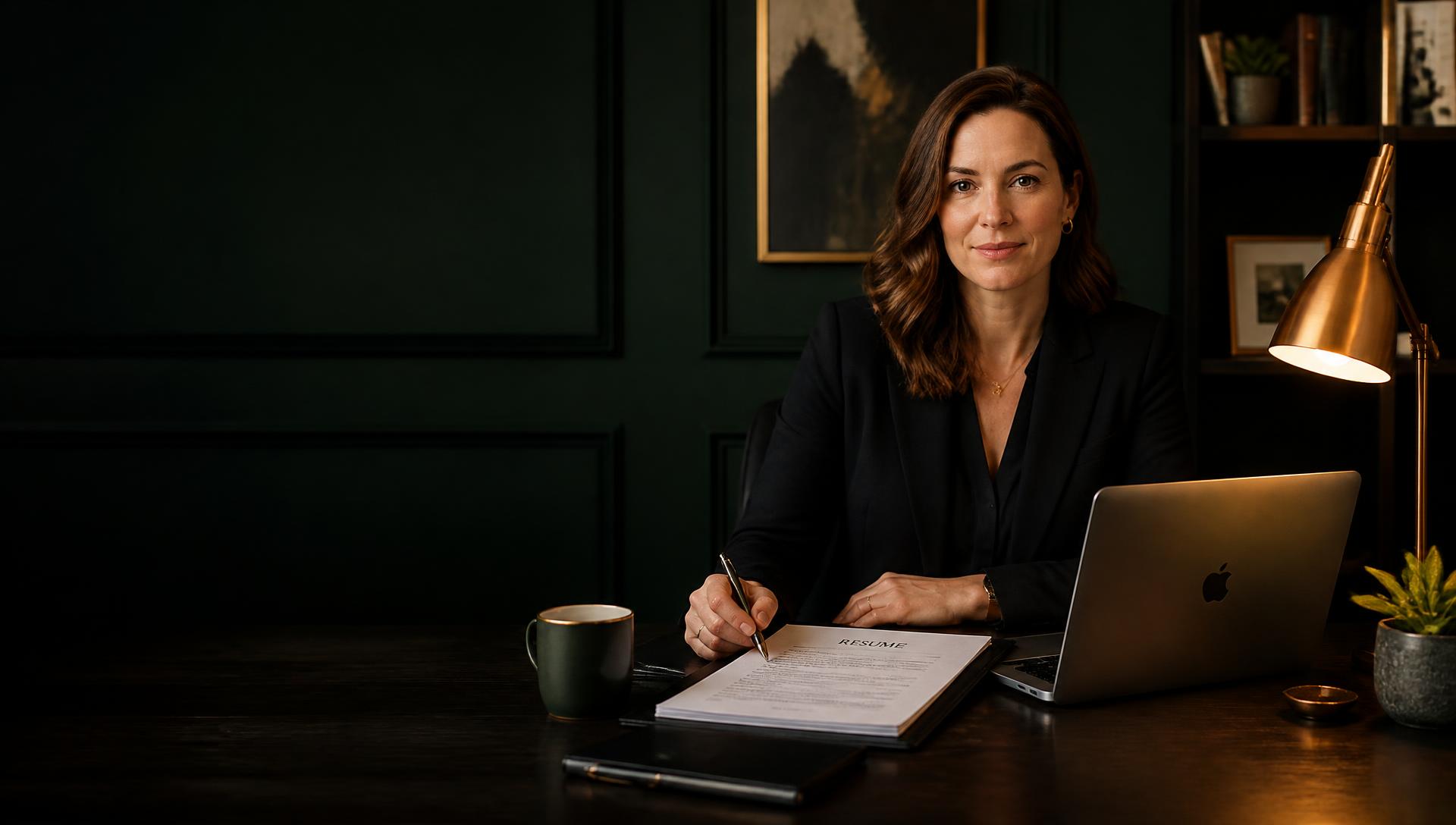 Career consultant reviewing a client resume at a desk under copper lamplight